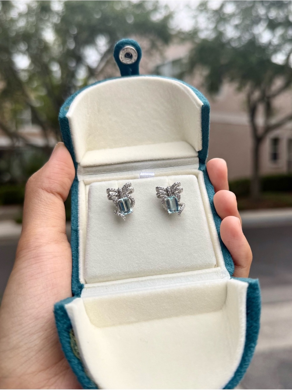 NIB Emerald-Cut Topaz Stones in 925 Silver With Paved Bow Design Earrings